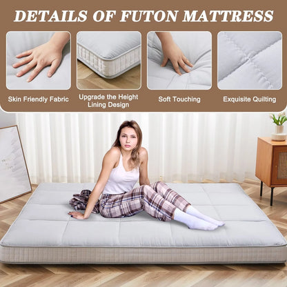Gray Floor Mattress with Storage Bag Japanese Futon Mattress Extra Thick Folding Sleeping Pad Futon Mattress Portable Camping Mattress, Twin