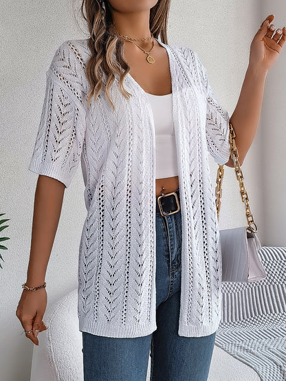 Women S Solid Color Hollow Out Short Sleeve Knit Cardigan Cover-Up