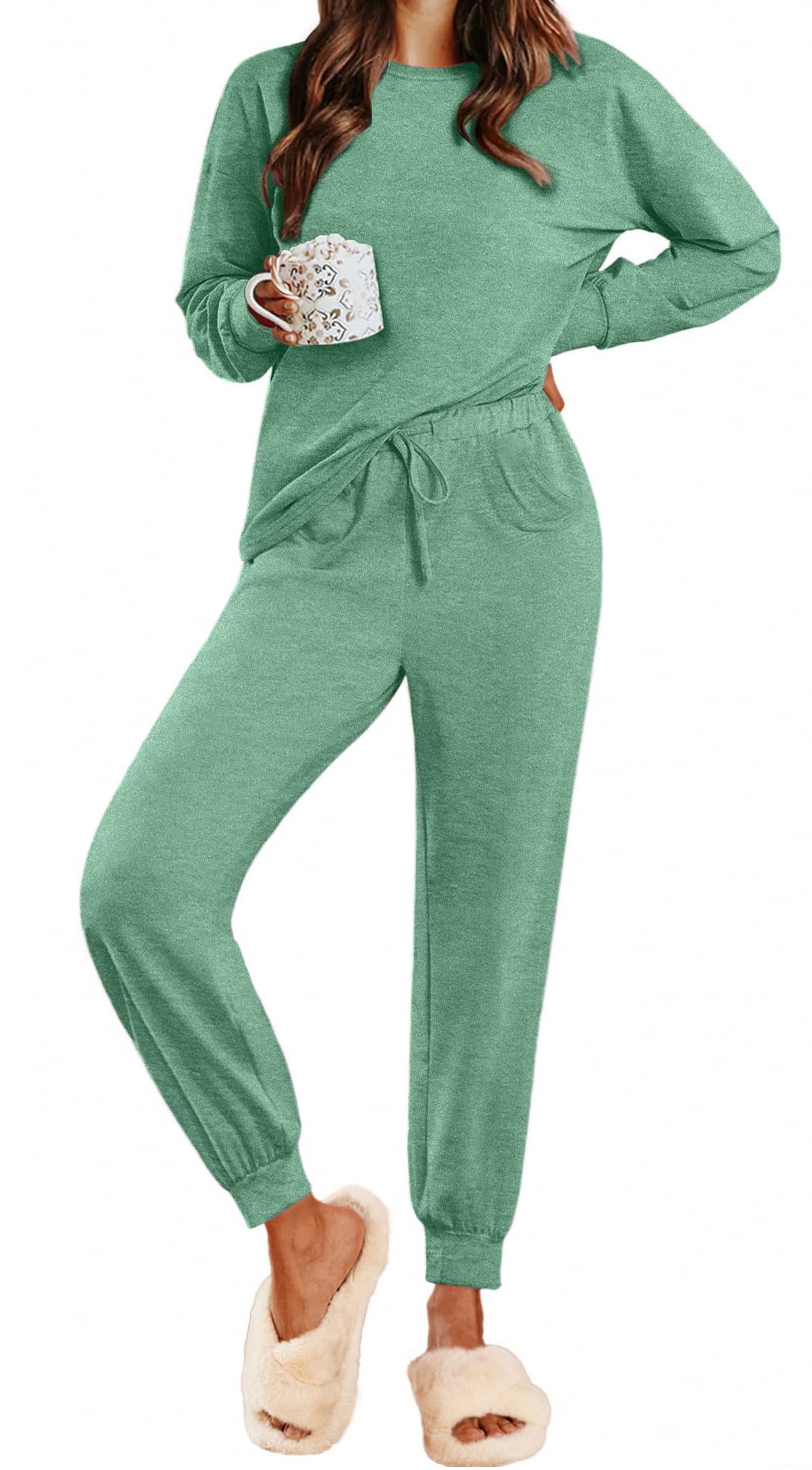 Womens Pajamas Sets Long Sleeve Top and Pant with Pockets Lounge Wear Set Oufits