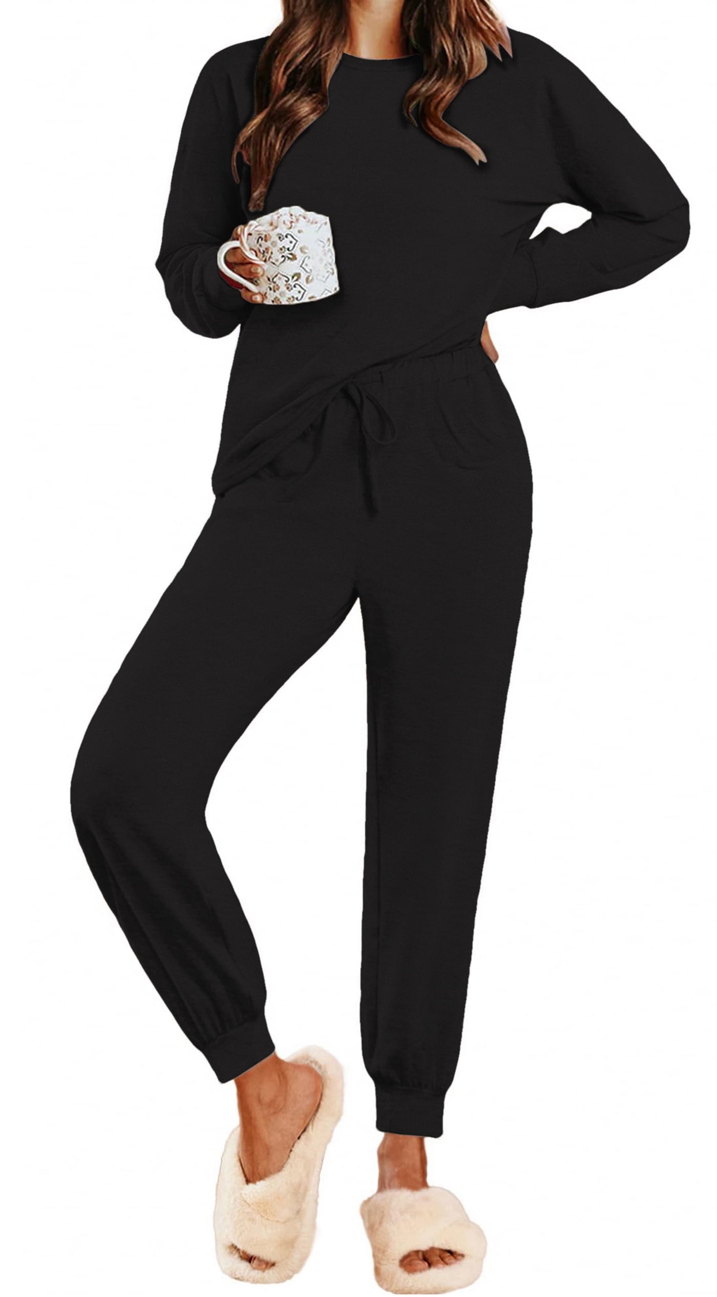 Womens Pajamas Sets Long Sleeve Top and Pant with Pockets Lounge Wear Set Oufits