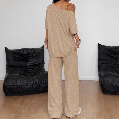 Women's Casual Solid-Color Sports Two-Piece Set With Loose-Fit Trousers