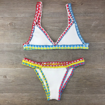 Sexy Hand Crochet Colorful Bikini Set, Spell Color Rubber, Ladies Knitted Swimwear