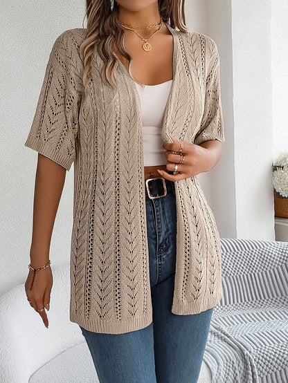 Women S Solid Color Hollow Out Short Sleeve Knit Cardigan Cover-Up