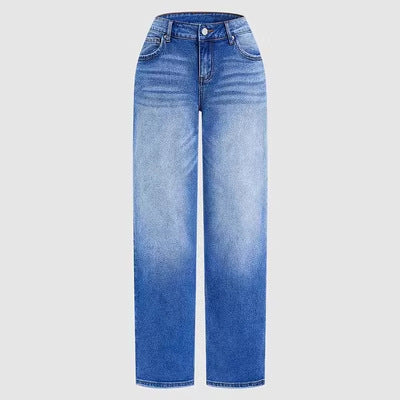 Womens Washed Blue Wide-Leg Denim Jeans American-Style High Waist