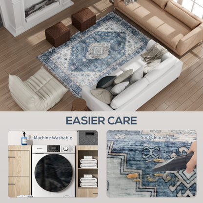 4x6 Area Rug, Vintage Washable Rug, Non-Slip Floor Carpet For Living Room, Bedroom, Dining Room, Blue