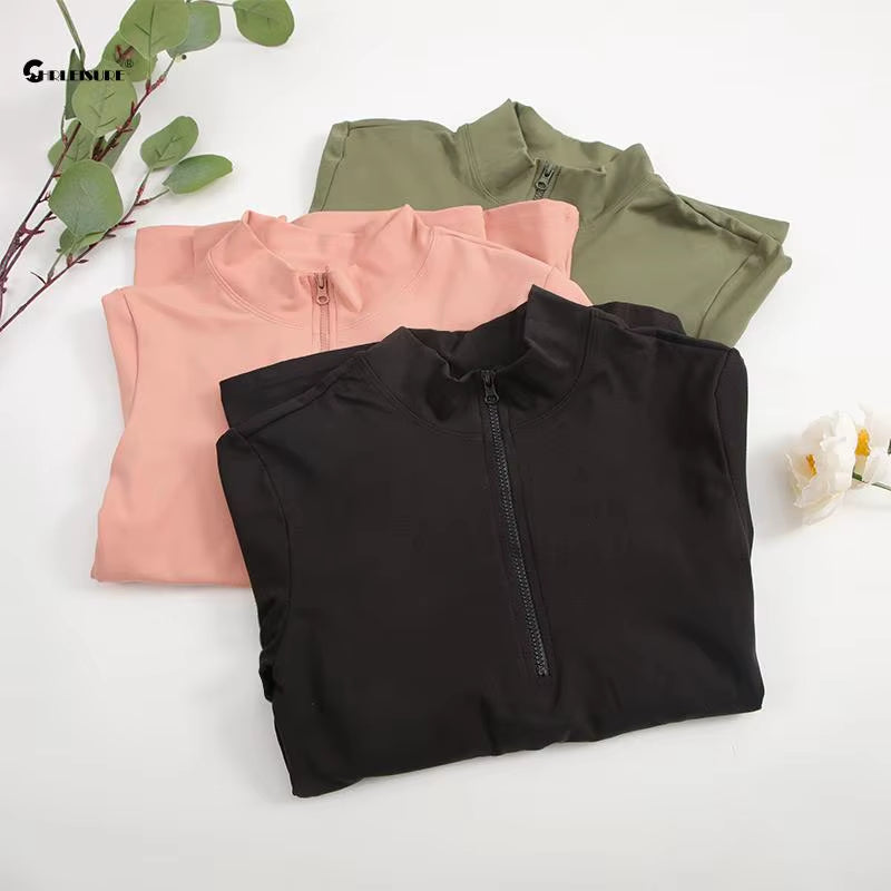 CHRLEISURE Long Sleeve Yoga Shirts Half-Zip Sports Top with Thumbholes Elastic Breathable Fitness Blouse for Women Activewear
