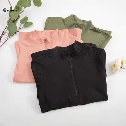CHRLEISURE Long Sleeve Yoga Shirts Half-Zip Sports Top with Thumbholes Elastic Breathable Fitness Blouse for Women Activewear
