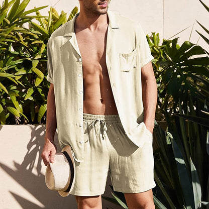 Men's Short Sleeve Shirt Suit Summer Lapel Button Top With Pocket And Drawstring Shorts Fashion Beach Suits