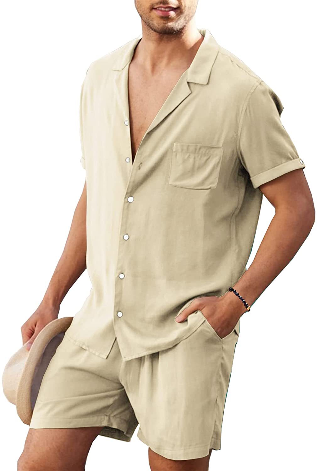 Men's Short Sleeve Shirt Suit Summer Lapel Button Top With Pocket And Drawstring Shorts Fashion Beach Suits