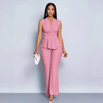 Womens Two Piece Set V Neck Sleeveless Asymmetrical T Shirt And Wide Leg Pants