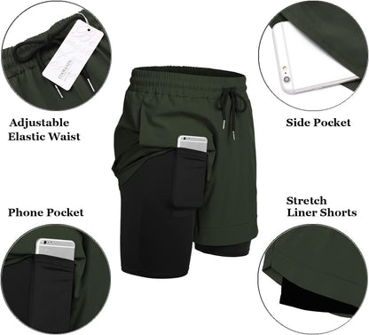 Men'S 2 Pack Running Shorts 2 in 1 Workout Shorts Quick Dry Gym Training Athletic Jogger with Phone Pockets