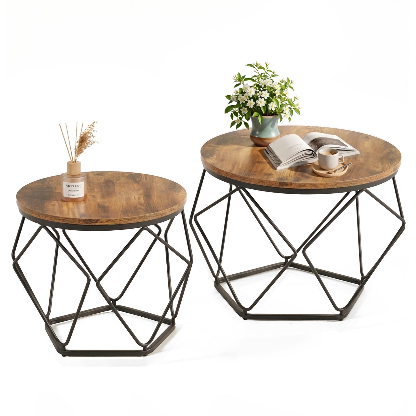 Modern Geometric Style Coffee Table Set  2-piece   Round Stackable Side Table With Hidden Storage Space