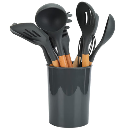 12 Pieces&set Silicone Kitchen Utensils, Wooden Handle Non-stick Cooking Cutlery Set, Withstand 480 F Silicone Kitchen Utensils, Silicone Beech Cooking Spoon Set Kitchen Accessories For The Kitchen A