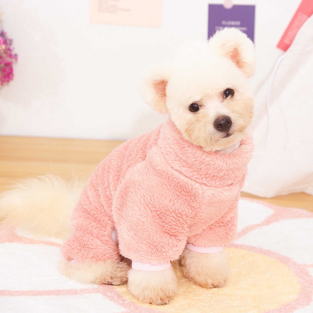 Dog Clothes Four-legged Pet Clothing Autumn And Winter Double-sided Thick Plush High Collar Warm Pet Clothes Cute Towing Ring