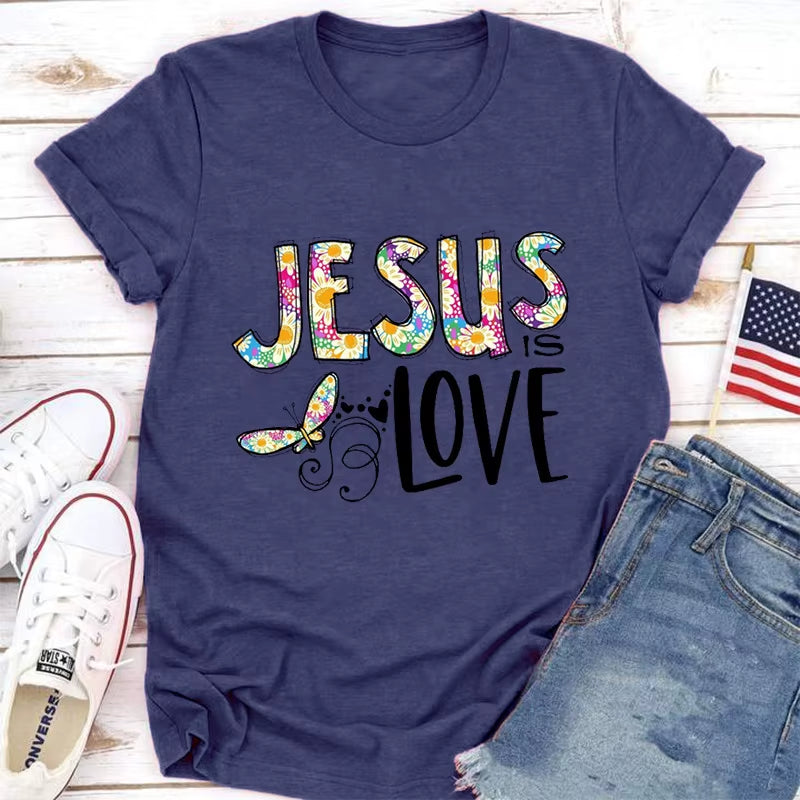 Jesus Love Print Women T Shirt Short Sleeve O Neck Loose Women Tshirt Ladies Tee Shirt Tops Clothes Camisetas Mujer