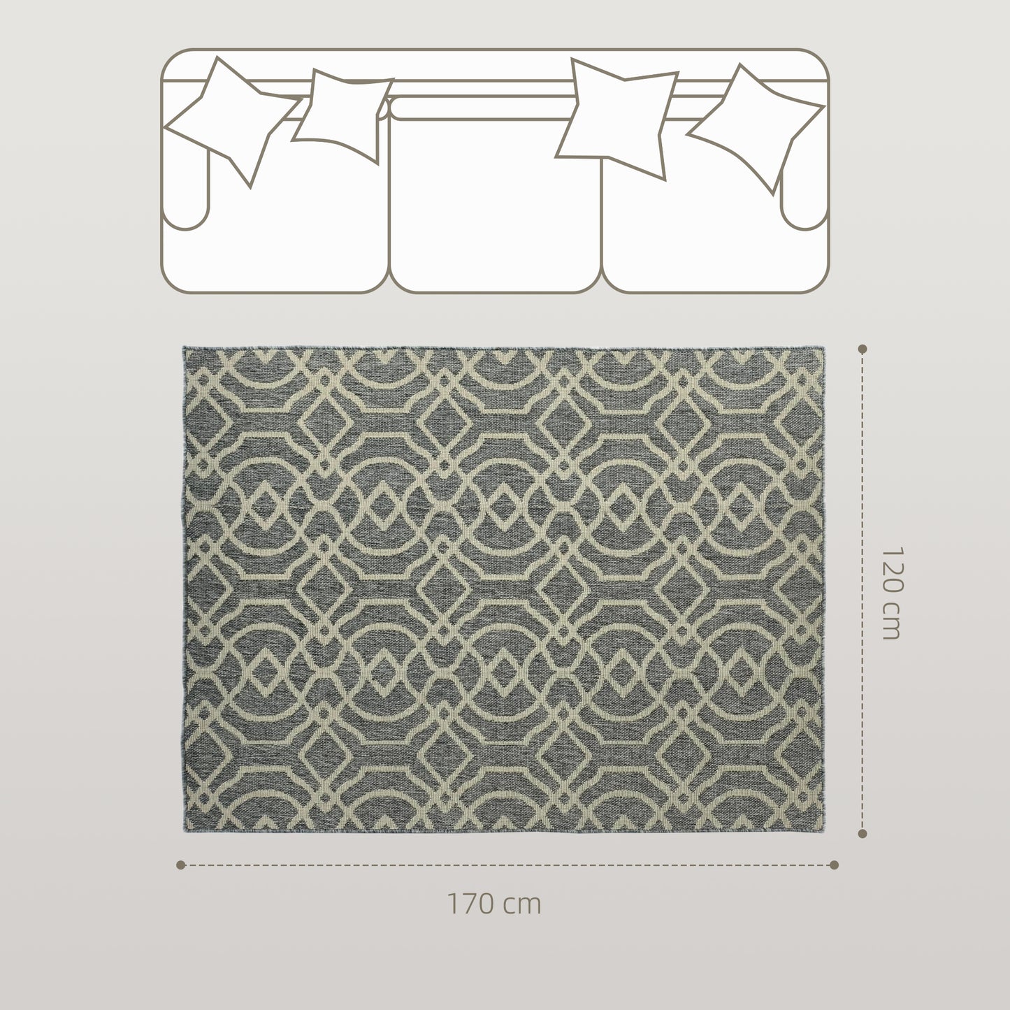 UV Resistant Indoor & Outdoor Area Rug, Easy-Cleaning Machine Washable Rug With Geometric Pattern For Patio, Garden, Kitchen, Bathroom Or Living Room, 170 X 120 Cm, Grey