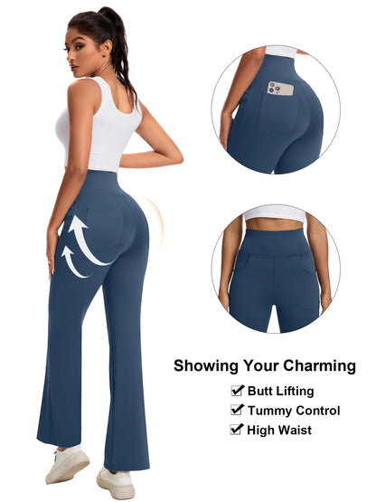 Women Flare Yoga Pants Workout Leggings Bootcut Bottoms with Pockets High Waist Activewear Navy Blue M