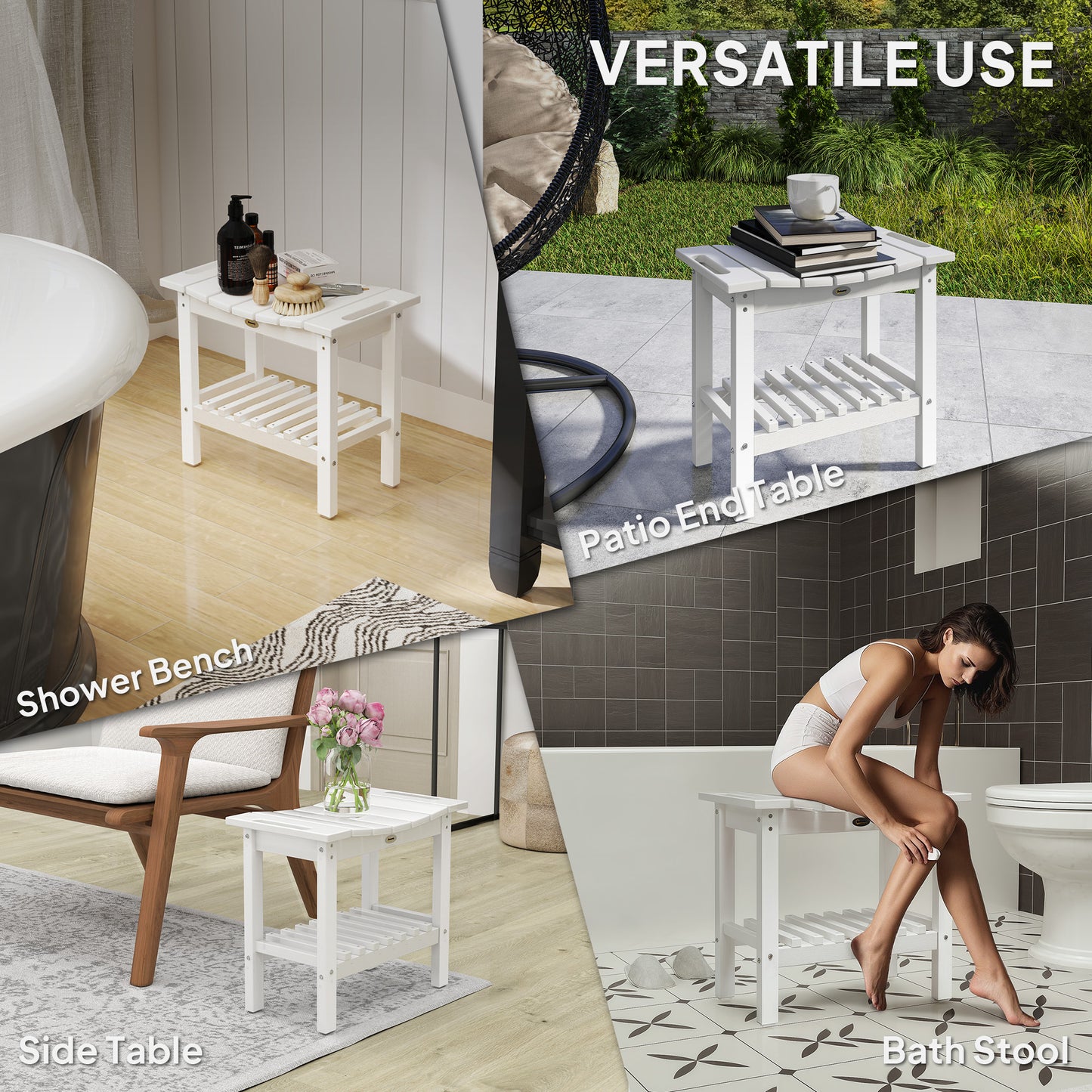 HDPE Shower Bench, Waterproof Shower Stool with Handle, Storage Shelf, Non-Slip Pads for Indoor Outdoor, White