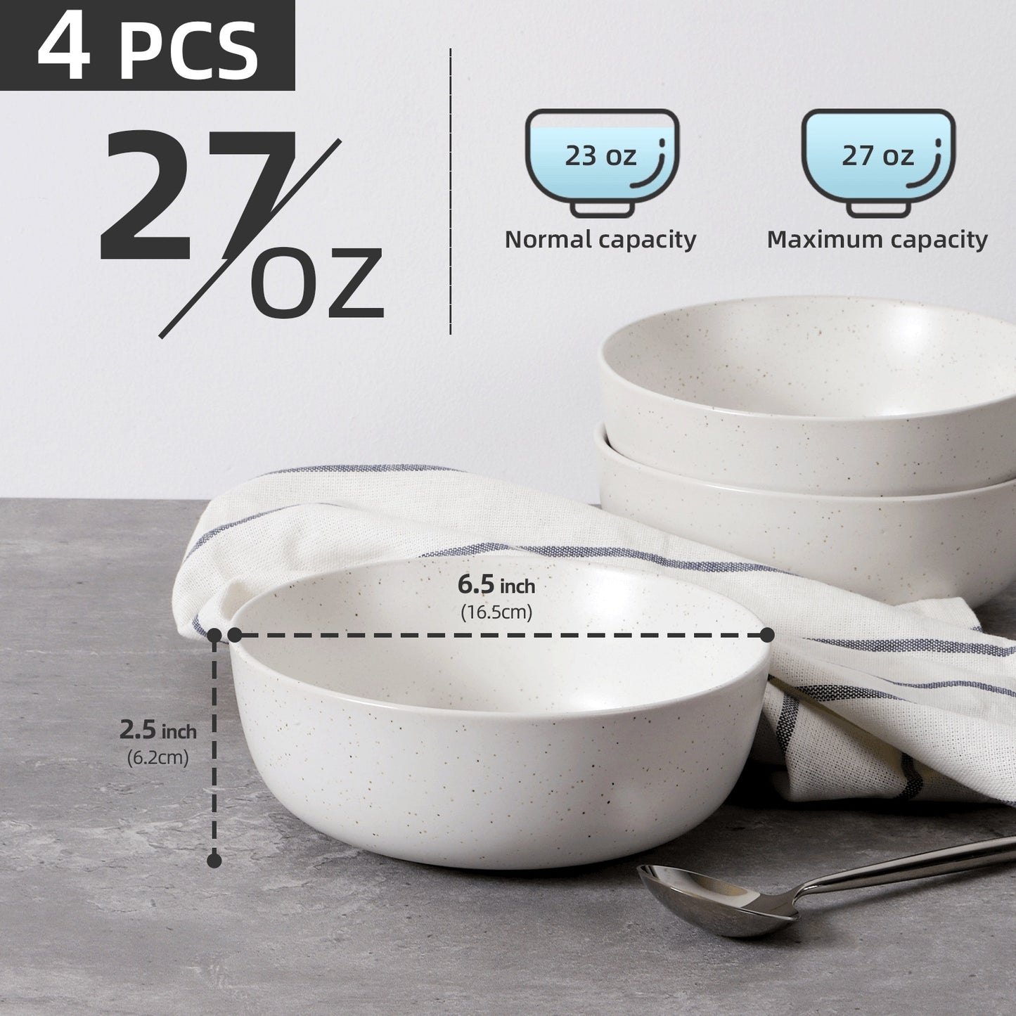 Ceramic Bowls For Kitchen, 27oz  Bowl Set Of 4  For Cereal, Salad, Pasta, Soup, Dessert, Serving  Dishwasher, Microwave And Oven Safe