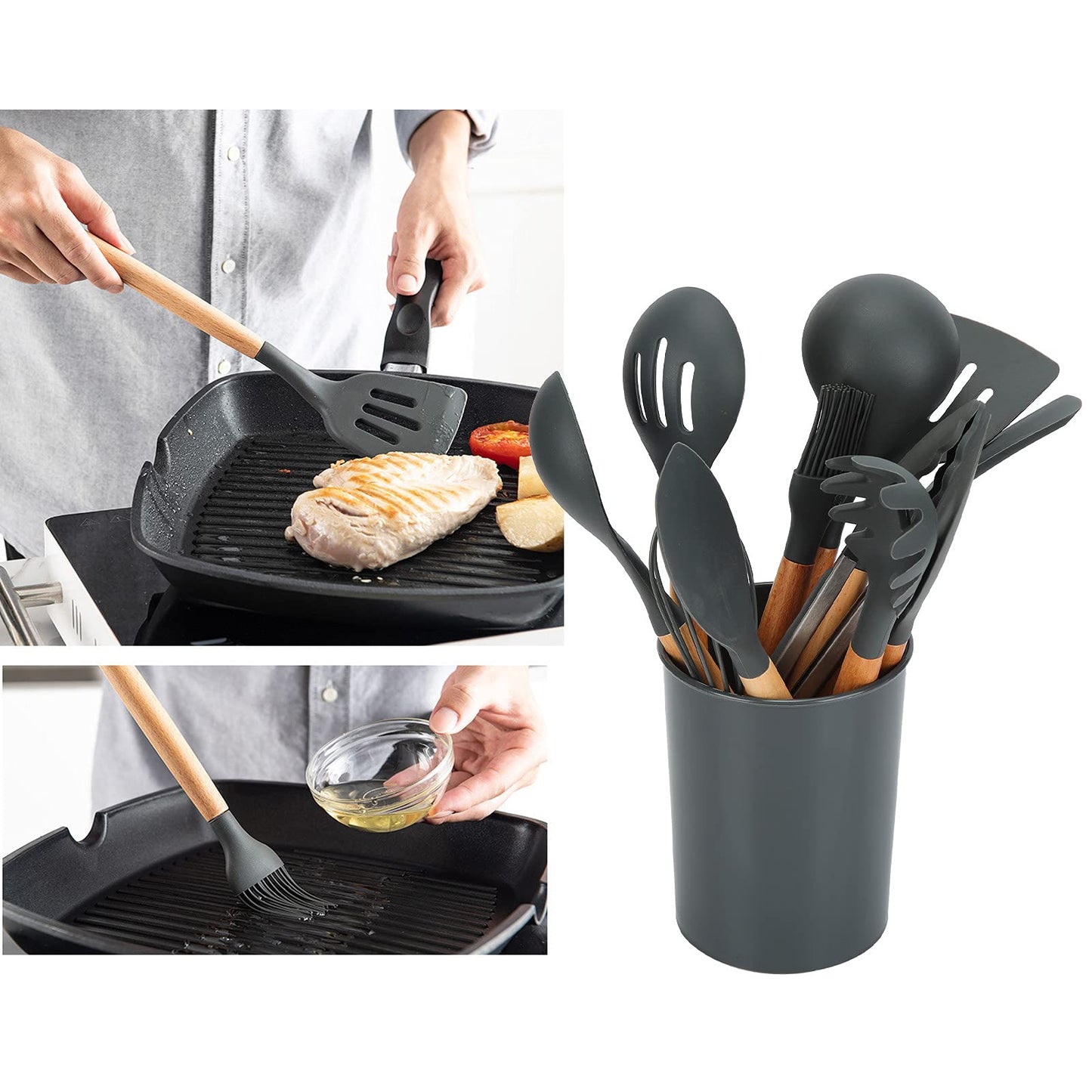 12 Pieces&set Silicone Kitchen Utensils, Wooden Handle Non-stick Cooking Cutlery Set, Withstand 480 F Silicone Kitchen Utensils, Silicone Beech Cooking Spoon Set Kitchen Accessories For The Kitchen A