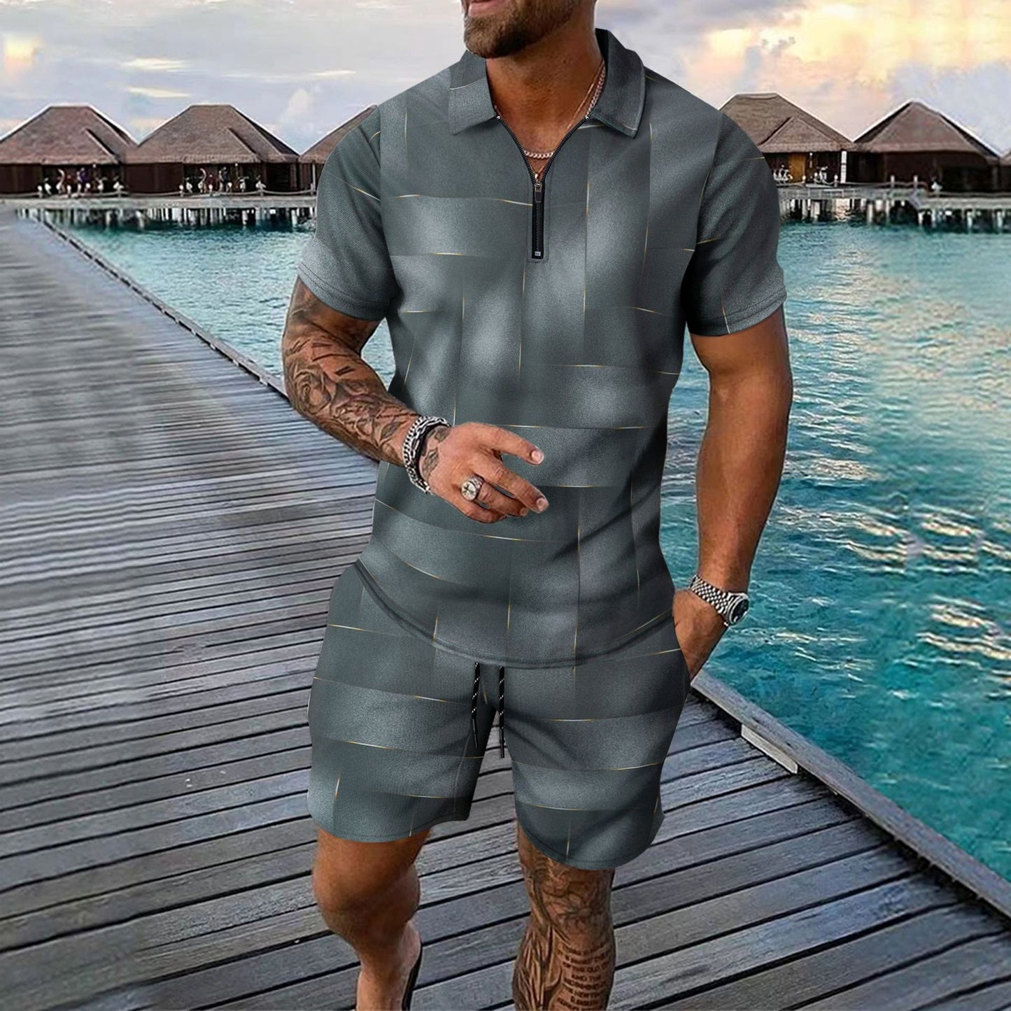 Digital Printing Zipper Short Sleeve Men