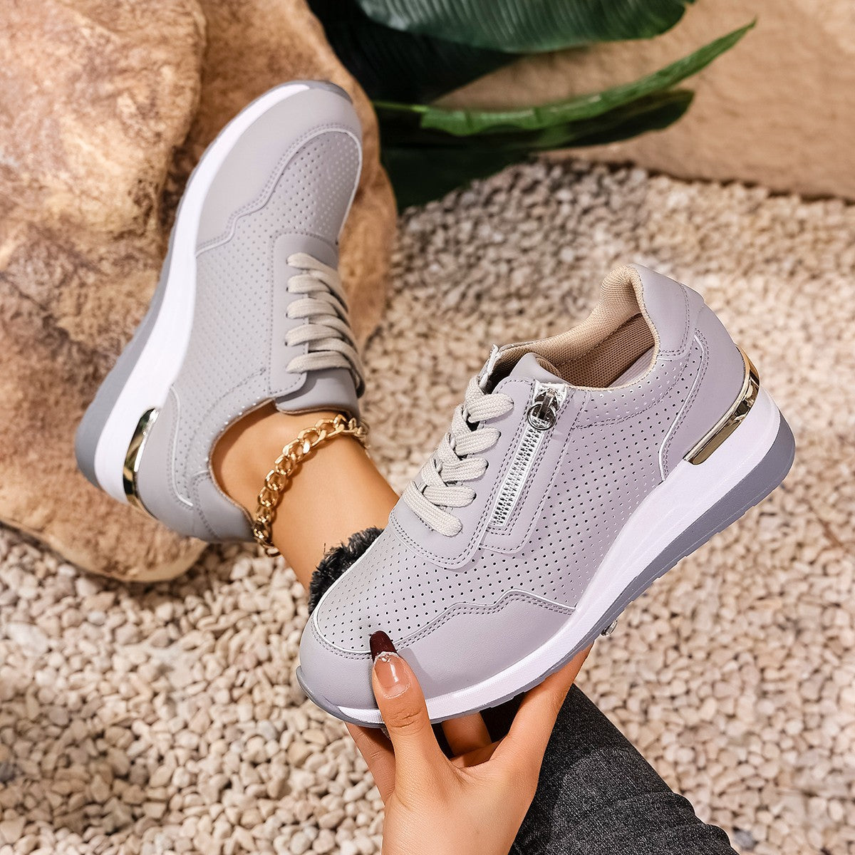 Womens Casual Wedge Mid-heel Lace-up Athletic Shoes