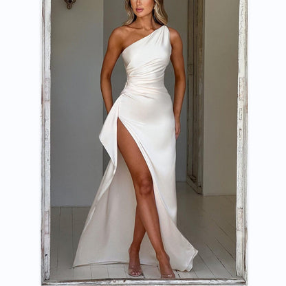 Women's Shoulder Slit Satin Dress Sleeveless