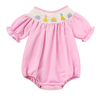Infant Girls' Cute Birthday Smocked Bubble Romper Short Sleeves Crew Neck Cartoon Embroidery Princess Party Romper Bodysuit