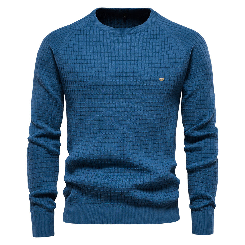 European Size Autumn And Winter New Cotton Sweater Men's Solid Color Bottoming Plaid Pullover Sweater For Men