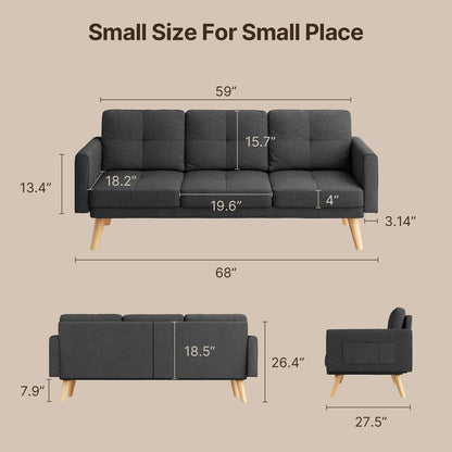 68"  and Couch with Side Storage Pocket and 4" Thick Cushions for Living Room, Dark Gray Modern Home Furniture