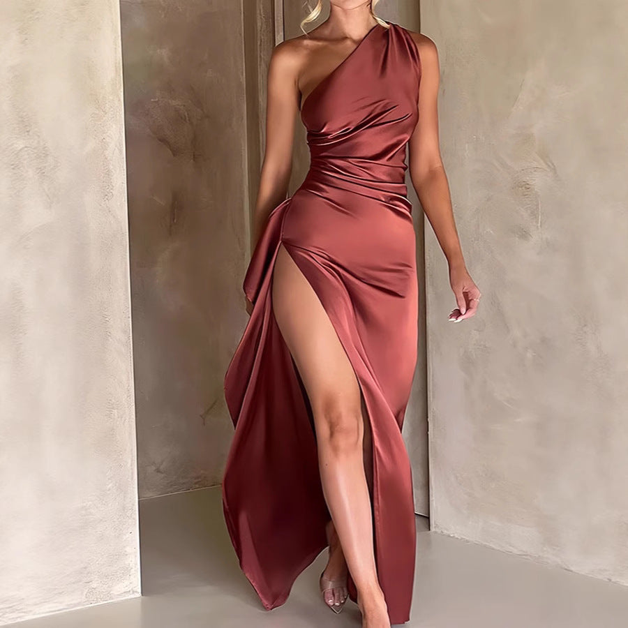 Women's Shoulder Slit Satin Dress Sleeveless