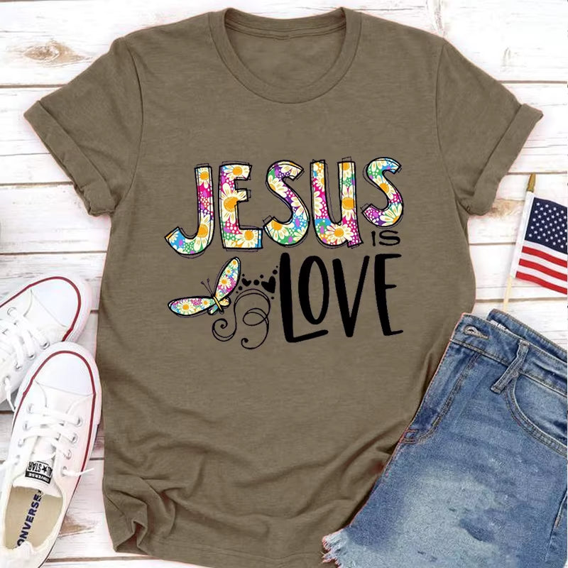 Jesus Love Print Women T Shirt Short Sleeve O Neck Loose Women Tshirt Ladies Tee Shirt Tops Clothes Camisetas Mujer