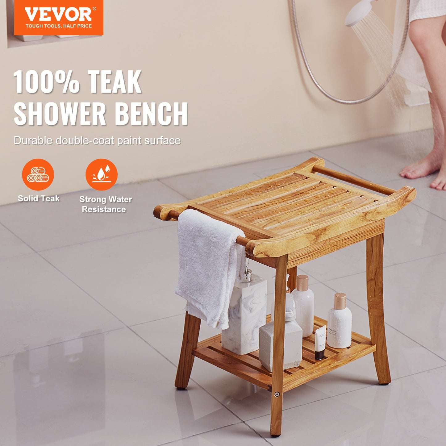 Teak Shower Bench, 22 X 14.4 X 18.5 In, Waterproof Wood Shower Stool With Storage Shelf Handle Non-Slip Feet, 300 Lbs Maximum Load Capacity Shower Chair Seat, For Bathroom Indoor And Outdoor Use