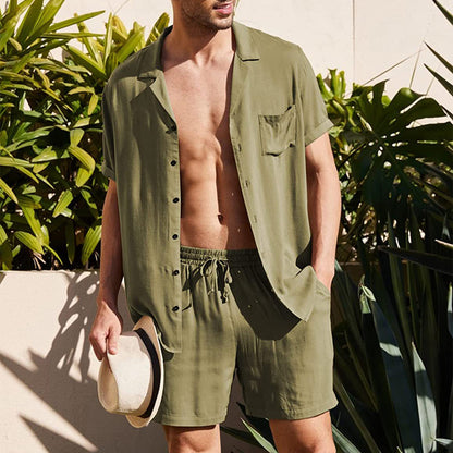 Men's Short Sleeve Shirt Suit Summer Lapel Button Top With Pocket And Drawstring Shorts Fashion Beach Suits