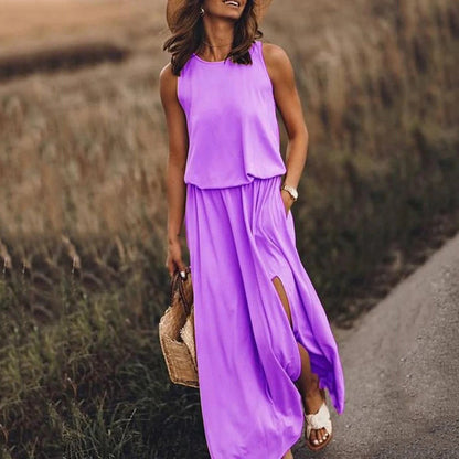 Women Summer Dresses Fashion Side Slit Long Dress With Pockets Vestidos Solid Casual O-Neck Sleeveless A-Line Sundress For Holiday