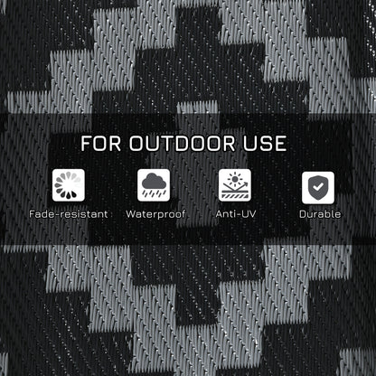 Reversible Outdoor Rug Carpet RV Camping Rugs with Carry Bag, 8' x 10', Black & Gray Geometric