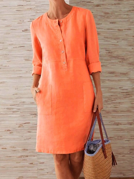 Plus Size Women's Cotton And Linen Round Neck Long Sleeve Dress