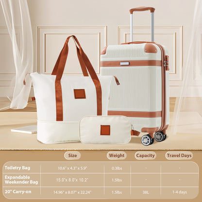 Hardshell Luggage Set 3-Piece, 20 Inch Carry-On Suitcase With Spinner Wheels TSA Lock, Lightweight Durable ABS For Travel Business, Cream