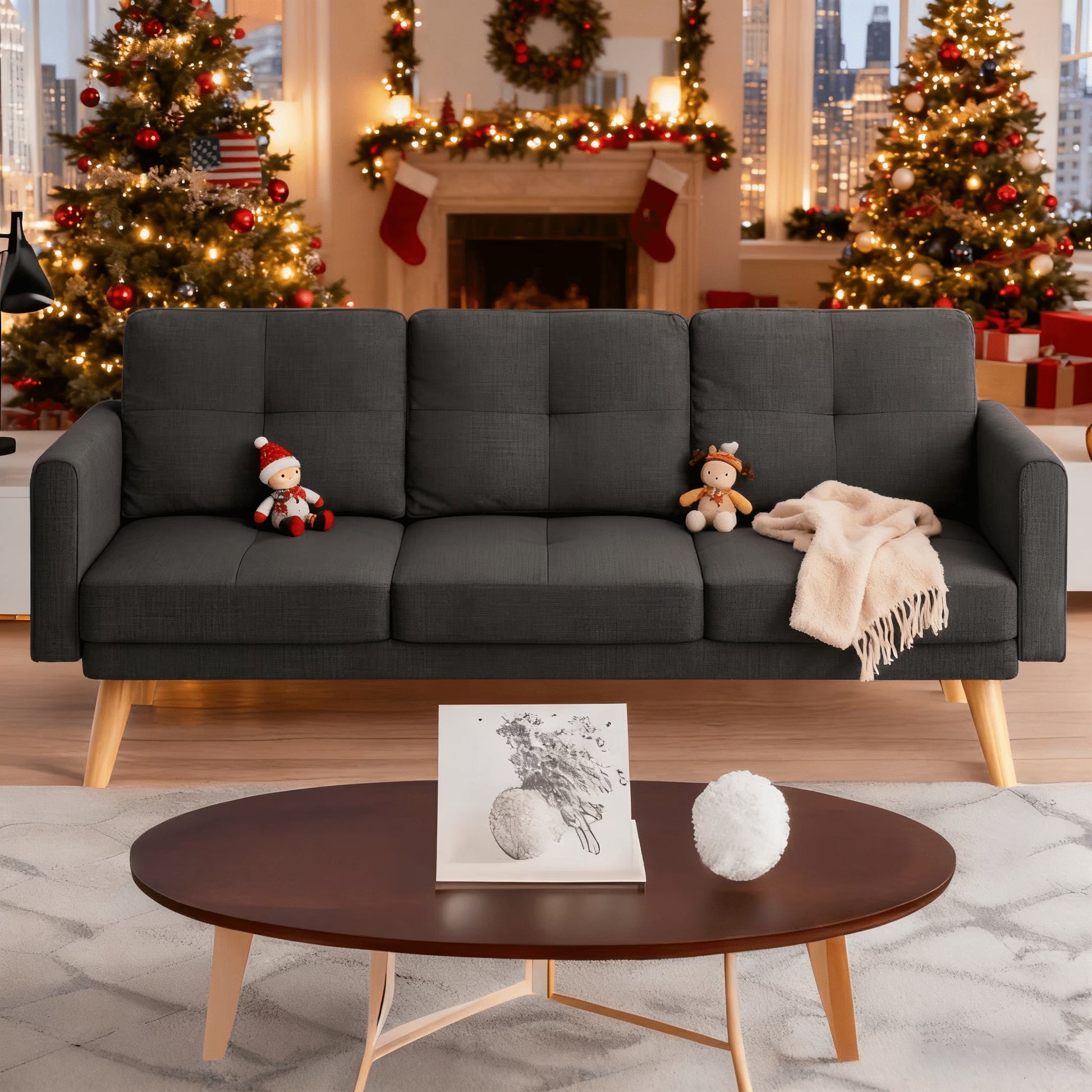 68"  and Couch with Side Storage Pocket and 4" Thick Cushions for Living Room, Dark Gray Modern Home Furniture