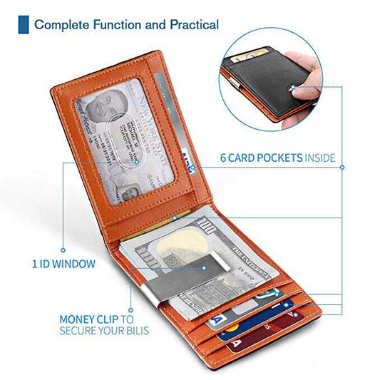 Mens Slim Leather Wallet with Money Clip RFID Blocking Bifold Credit Card Holder