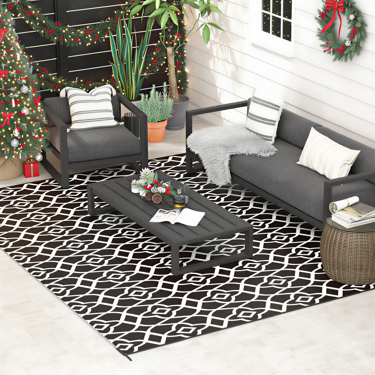 Reversible Outdoor Rug Carpet RV Camping Rugs with Carry Bag, 9' x 12', Black & White Clover