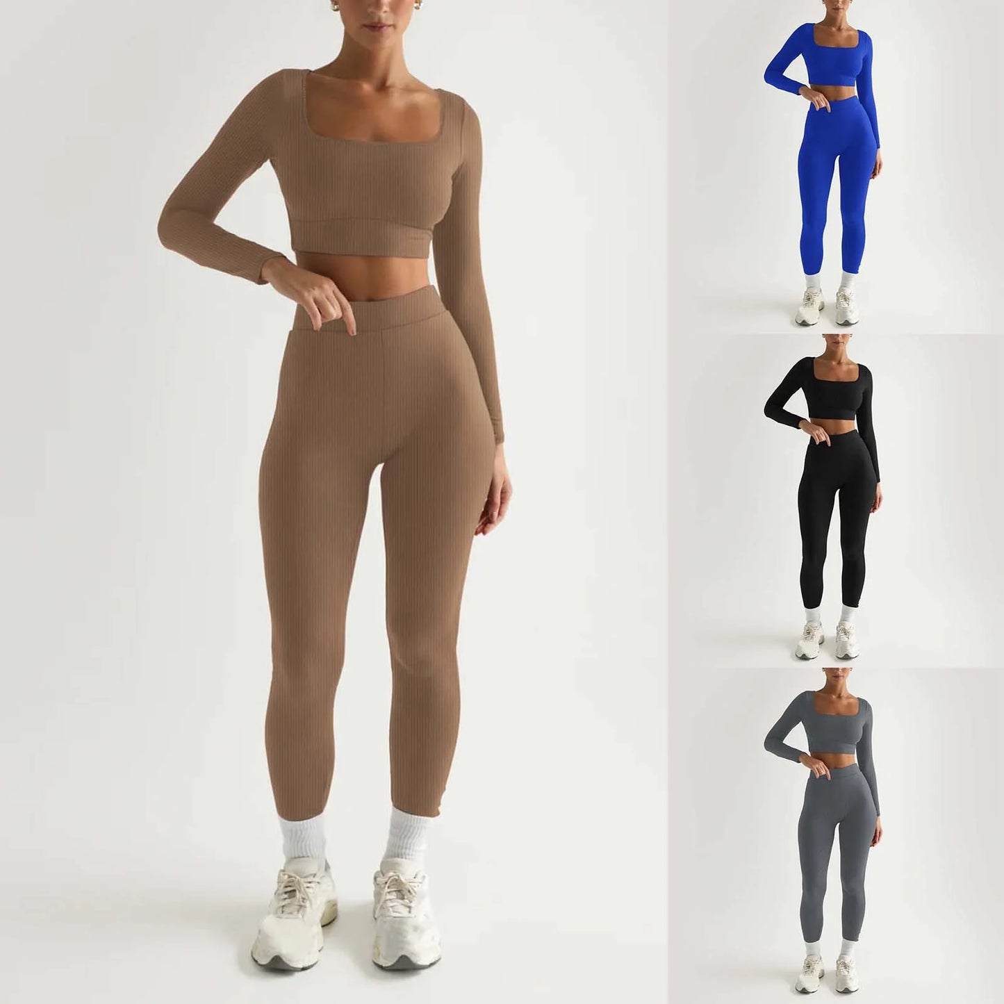 2Pc Yoga Sets for Women Women'S Fashion Casual Solid Color Long Sleeve Square Collar Two Piece Slim Yoga Sports Pants Suit Yoga Sets Yoga Package
