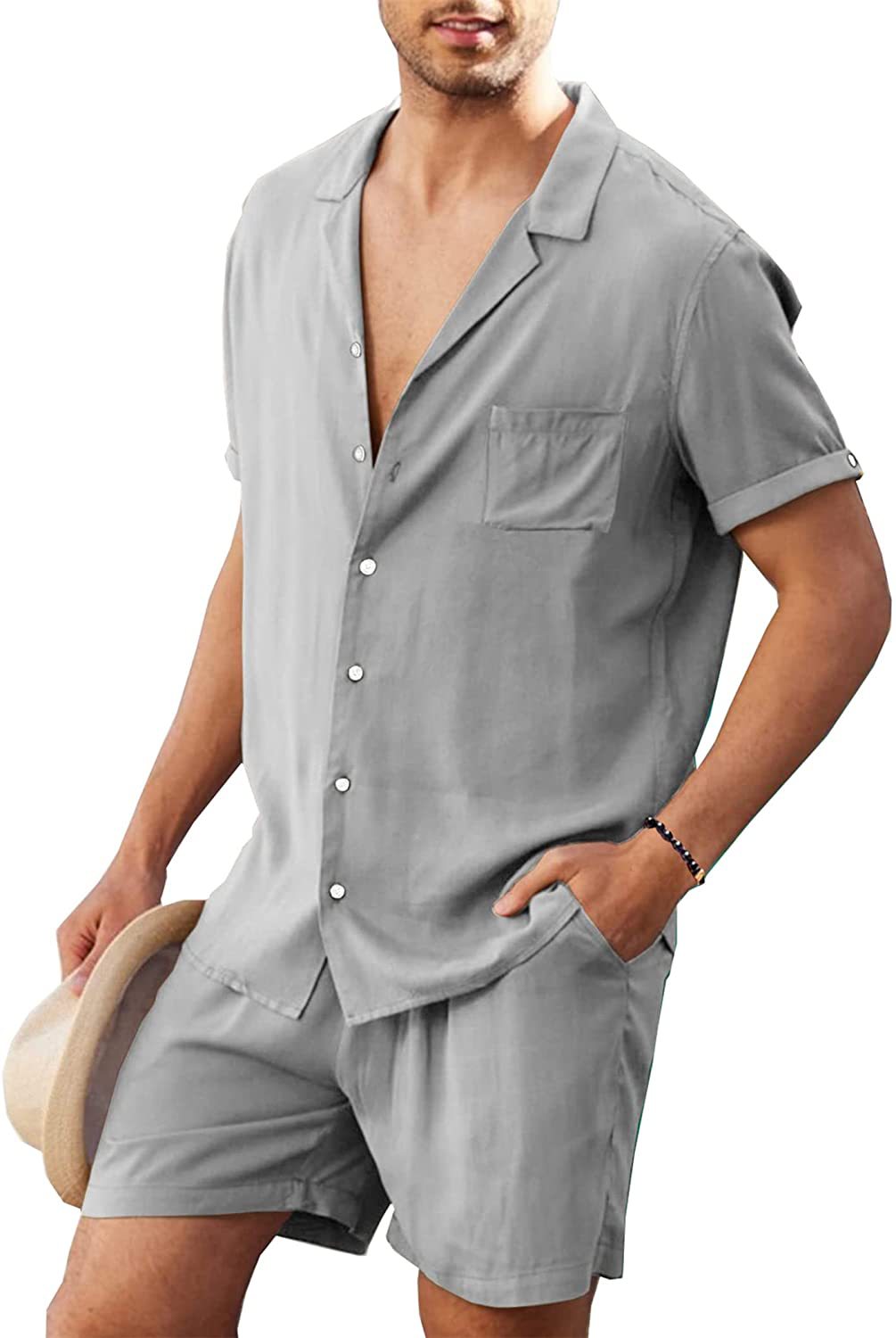 Men's Short Sleeve Shirt Suit Summer Lapel Button Top With Pocket And Drawstring Shorts Fashion Beach Suits