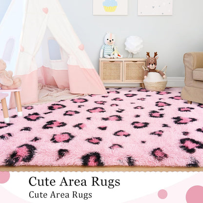 Soft Rugs for Girls Kids Bedroom 3X5, Fluffy Leopard Cheetah Print Rugs for Living Room Dorm Nursery Home Decor, Pink