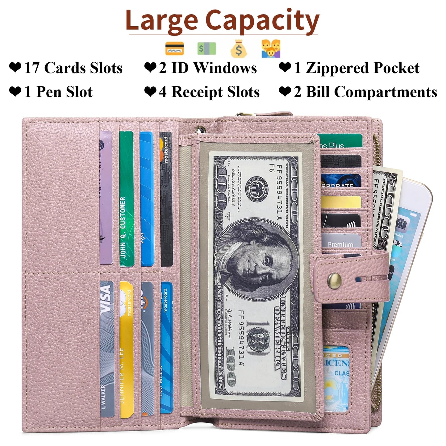 Women Wristlet Wallets Large Capacity RFID Blocking Leather Wallets Credit Cards Organizer with Checkbook Holder