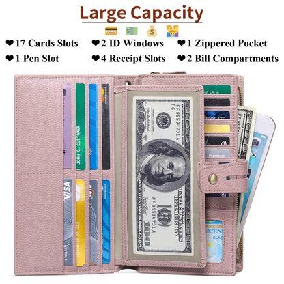 Women Wristlet Wallets Large Capacity RFID Blocking Leather Wallets Credit Cards Organizer with Checkbook Holder