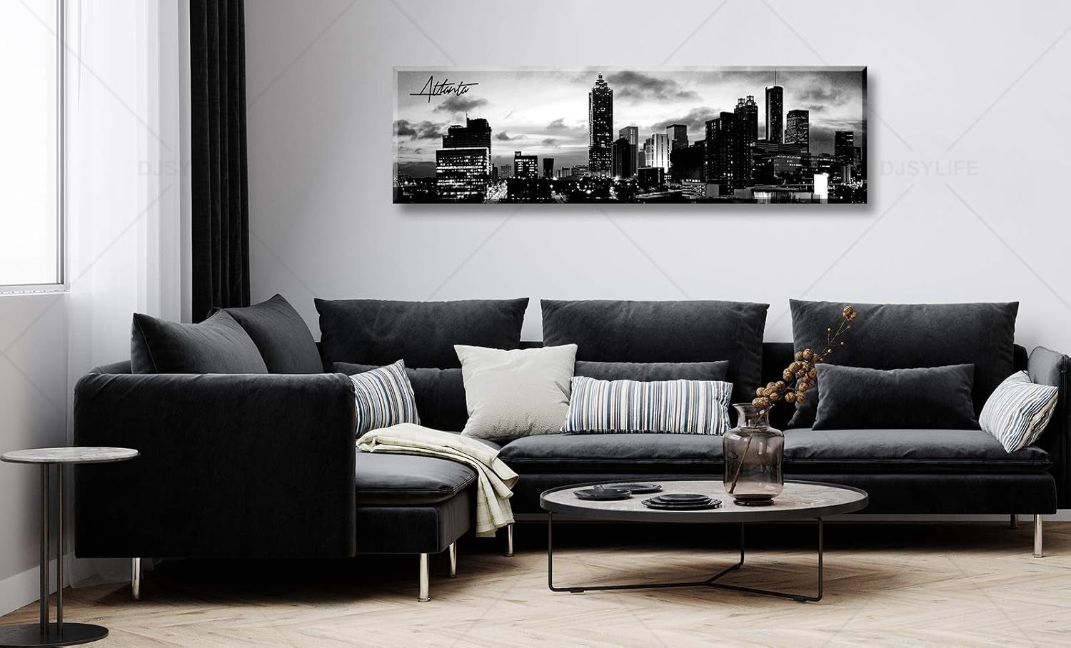 Atlanta Skyline Wall Art Cityscape Picture Decor Black and White Canvas Print Painting Artwork City Building Panoramic Night View Modern Decoration Office Study Bedroom Home Decorations 13.8"X47.3"