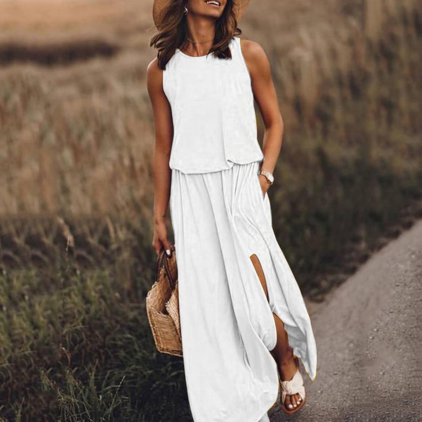 Women Summer Dresses Fashion Side Slit Long Dress With Pockets Vestidos Solid Casual O-Neck Sleeveless A-Line Sundress For Holiday