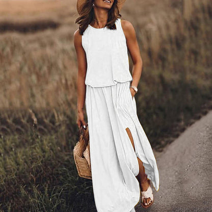 Women Summer Dresses Fashion Side Slit Long Dress With Pockets Vestidos Solid Casual O-Neck Sleeveless A-Line Sundress For Holiday