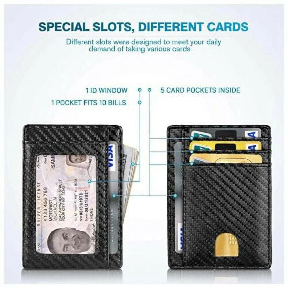 Slim Minimalist Front Pocket RFID Blocking Leather Wallets for Men Women Carbon Fiber